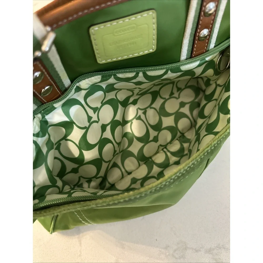 Coach Hampton Green Sateen Nylon Tote Bag Leather Trim Canvas Handles W Charm